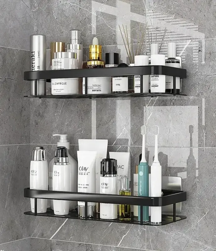 Настінна дворівнева полиця металева, що самоклеїться для ванної кімнати, душової.