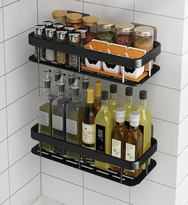 Настінна дворівнева полиця металева, що самоклеїться для ванної кімнати, душової.