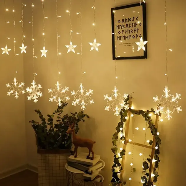 Новорічна світлодіодна гірлянда шторка "Сніжинки та Зірки"
