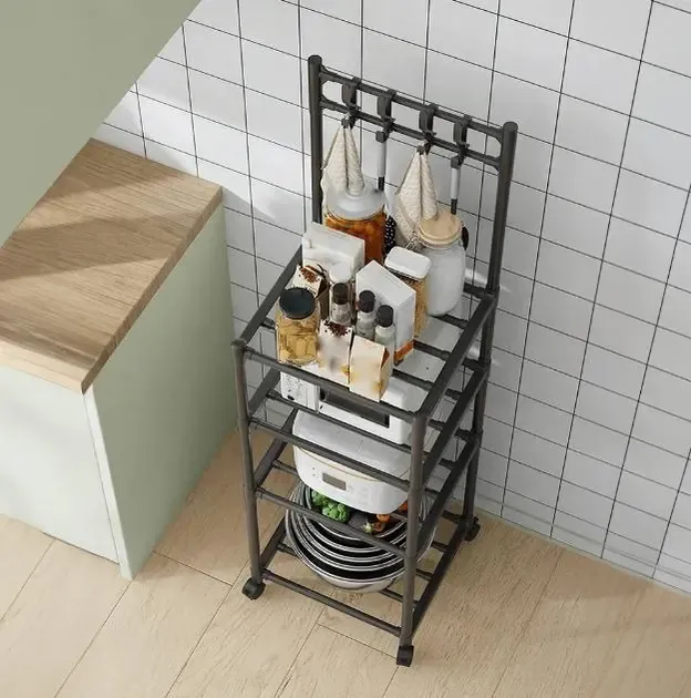 Полиця стелаж на коліщатках пересувна 4 рівні на коліщатках для зберігання кухонного приладдя побутової техніки посуду