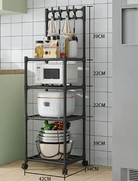 Полиця стелаж на коліщатках пересувна 4 рівні на коліщатках для зберігання кухонного приладдя побутової техніки посуду
