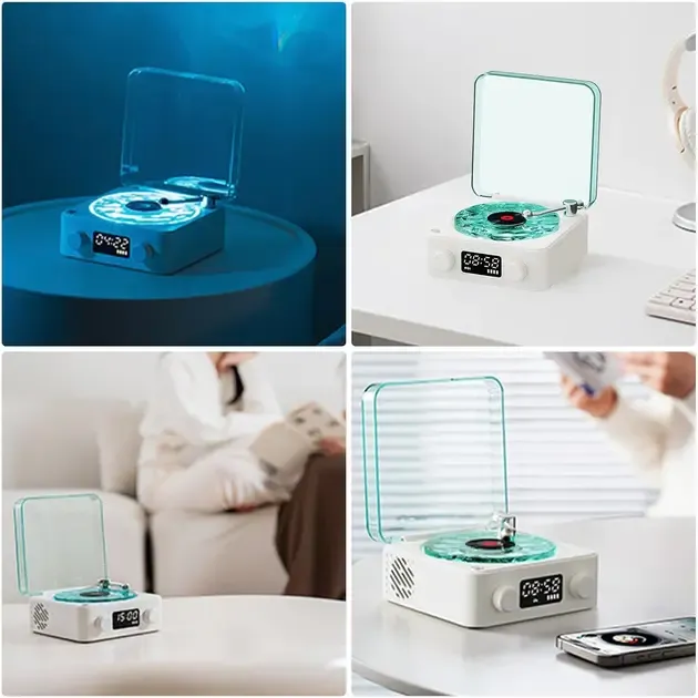 Портативна бездротова колонка Bluetooth у вигляді вінілового програвача грамофона з годинником та нічником