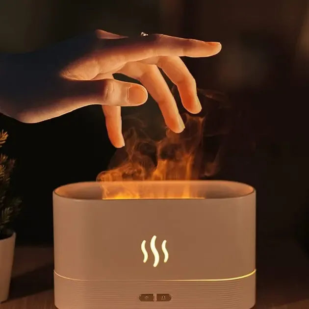 Портативний зволожувач повітря аромадифузор електричний для дому ультразвуковий Kinscoter DQ-701 з ефектом полум'я білий