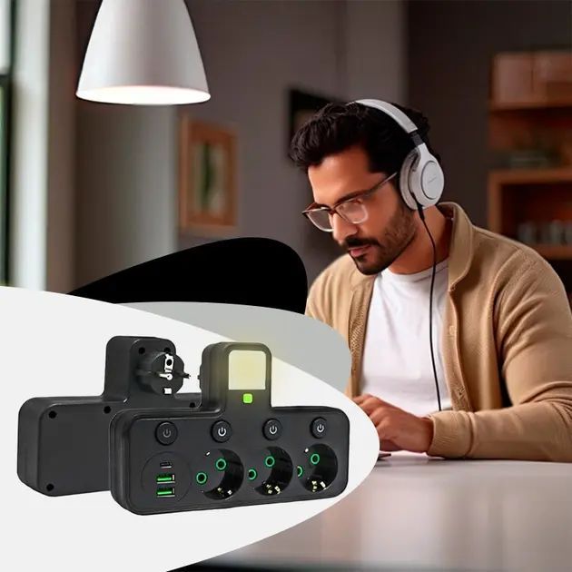 Розетка 9-в-1 європейського стилю з вимикачем, зарядним пристроєм USB та вогнестійкою/вибухозахищеною конструкцією для кухні, вітальні, спальні, офісу, 4 порти з USB