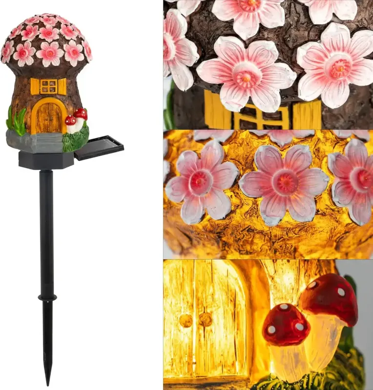 Садовий ліхтар 43 см у ґрунті у вигляді гриба із сонячною панеллю Казковий будиночок