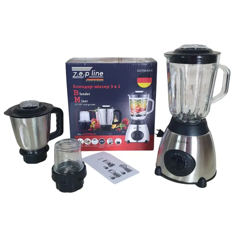 Стаціонарний блендер Zepline 2000W (скляна чаша 1.5л., чаша подрібнювальна для м'яса 1,2л.) ZP-081D1