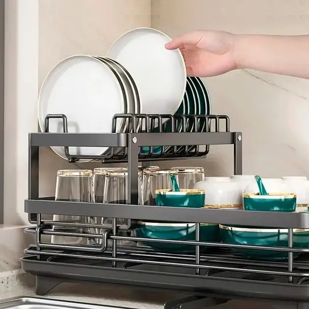 Сушарка для посуду BauTech дворівнева з тримачем для тарілок