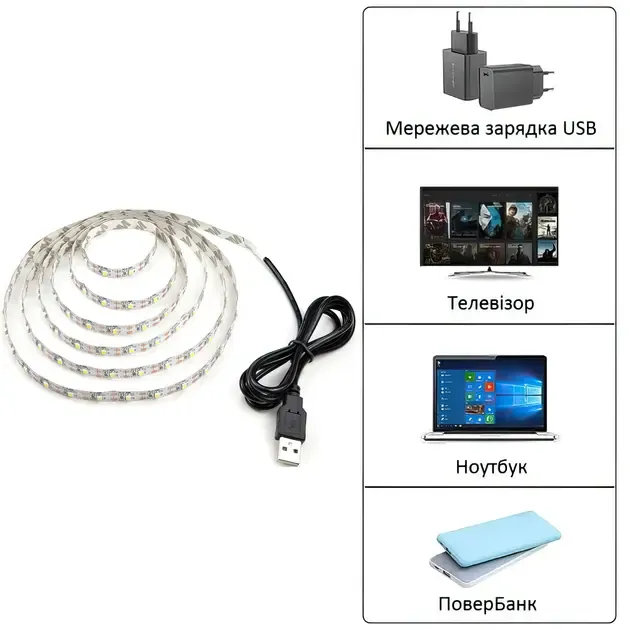 Світлодіодна LED SMD 3528 стрічка 5 вольт для повербанка USB світильник від Power Bank 5 м