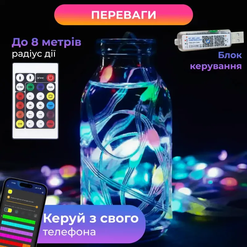 Розумна гірлянда на ялинку Smart 200 LED, з керуванням зі смартфона, 16 кольорів