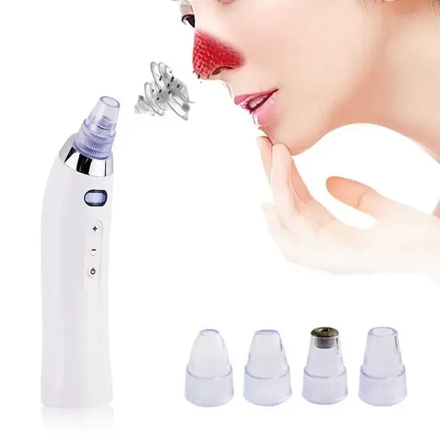 Вакуумний очисник Derma suction DS Vacuum для професійної чистки шкіри та пор обличчя - легкий компактний зручний прилад у використанні + 4 насадки, Білий