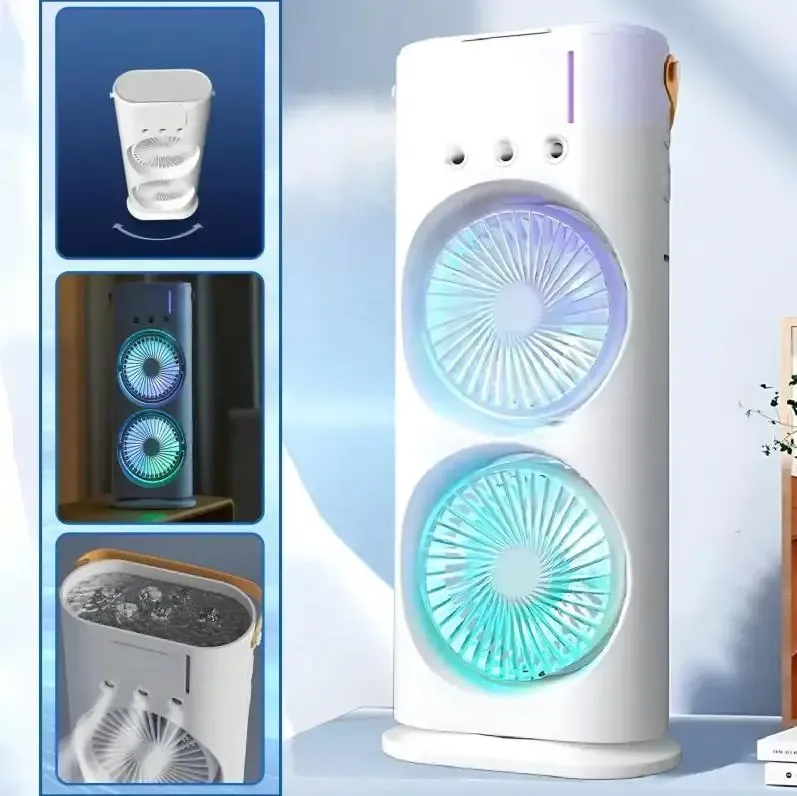 Вентилятор настільний подвійний з охолодженням Double-ended Spray Fan LED-підсвічування 3 швидкості, розпилювач водяного туману