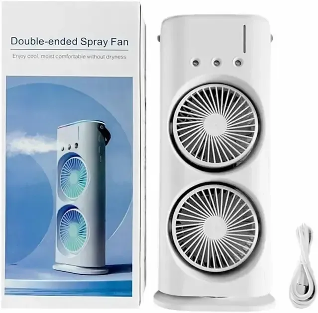 Вентилятор настільний подвійний з охолодженням Double-ended Spray Fan LED-підсвічування 3 швидкості, розпилювач водяного туману