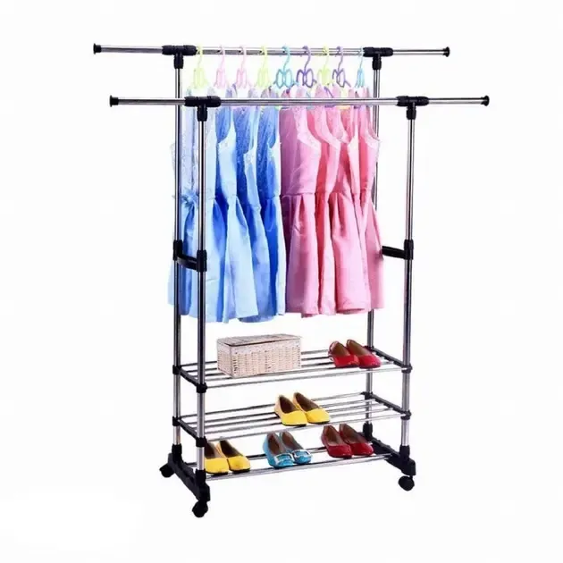 Вішалка-стійка з полицями для взуття, подвійна телескопічна для одягу WJF002 130 х 45 х 160 см