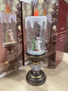 Сніговик  новорічна LED свічка зі снігом, 25см, від батарейок та USB